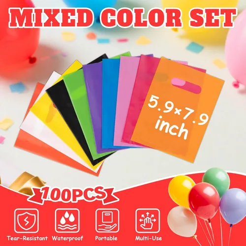 Miniatura 2 de ANZNKU 100 bolsas de regalo pequeñas multicolor con asa para dulces, muestras de bocadillos, manualidades, bolsa de regalo de plástico a granel
