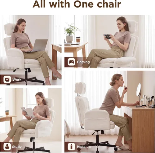 Miniatura 8 de FiveWillowise - Silla cruzada con brazos ajustables y respaldo alto, asiento ancho grueso, silla de oficina en casa, sillas de tocador de maquillaje