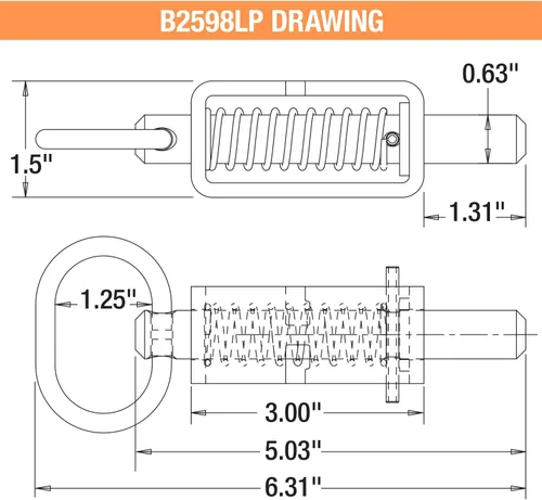 Miniatura 2 de Buyers Products B2598LP Soldadura - Conjunto de cerrojo con resorte de 5/8" con tubo liso y émbolo extendido de 1.31", pasador tratado térmicamente