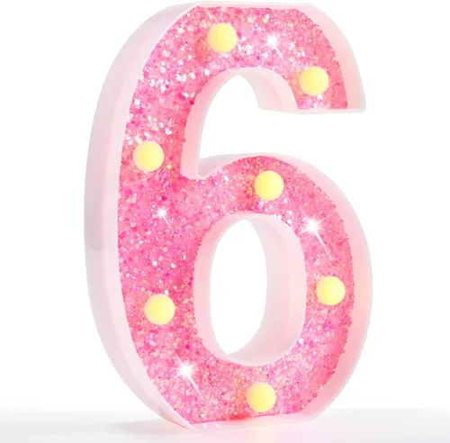 Miniatura 62 de Pooqla Luces de números de marquesina, números de luz rosa para niñas de 10.º cumpleaños, funciona con pilas, luz nocturna de número con purpurina