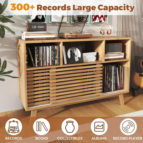 Miniatura 6 de Soporte grande para tocadiscos de 47 pulgadas con puertas corredizas, moderno gabinete de almacenamiento de discos de vinilo de mediados de siglo