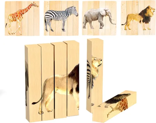 Rompecabezas de madera con piezas gruesas de animales para niños pequeños de 2 años en adelante - Juguete de bloques de animales de safari