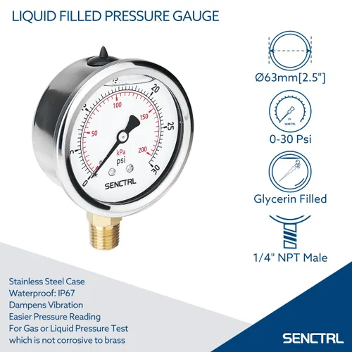 Miniatura 2 de SENCTRL 0-30 PSI Medidor de Presión de Líquido Lleno de Glicerina de Baja Presión, Tamaño de Esfera de 2.5", 1/4 NPT, Caja de Acero Inoxidable