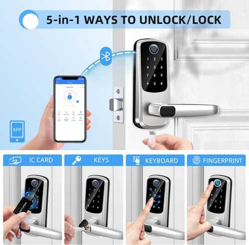 Miniatura 2 de Cerradura de puerta inteligente con asa, cerraduras de puerta de entrada sin llave, cerradura exterior con teclado de huellas dactilares 8 en 1