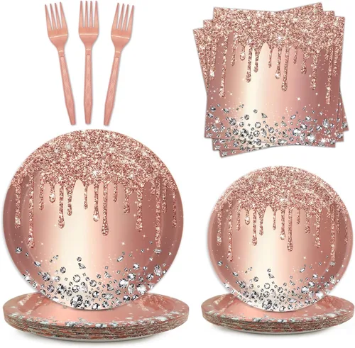 Juego de platos y servilletas de fiesta de oro rosa, decoraciones de cumpleaños rosas, suministros temáticos de diamantes, sirve para 24 invitados