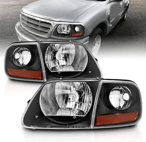 AmeriLite Faros delanteros de cristal negro con juego de aparcamiento en esquina para Ford F150 F-150 Harley Lighting - Conductor y pasajero
