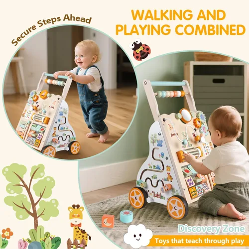 Miniatura 6 de Andador de bebé de madera con ruedas, andador de empuje con centro de actividad para bebés, juguete de caminar Montessori para niñas y niños, Natural