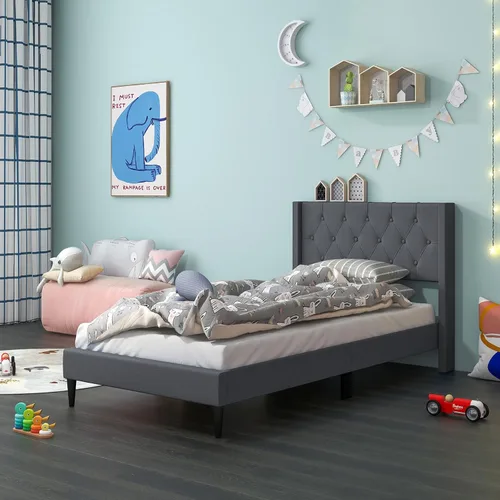 Miniatura 8 de Giantex Base de cama de plataforma de tamaño individual con respaldo de alas, base de cama tapizada de tela con cabecera capitonada con botones