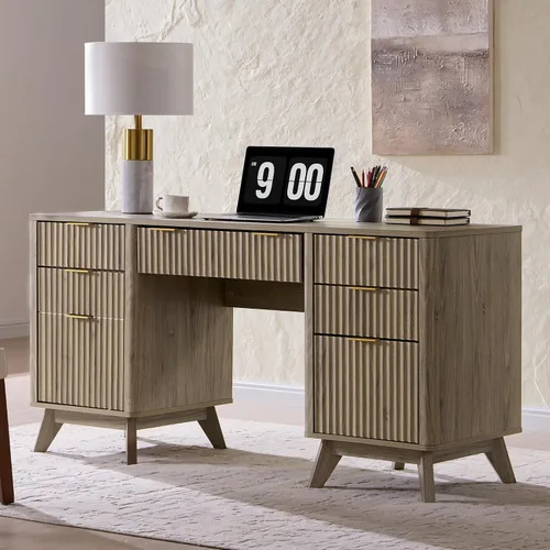 T4TREAM Fluted Executive Desk with Drawers, 60" Modern Home Office Computer Desk with Charging Station, File Cabinet, Keyboard Tray and Storage