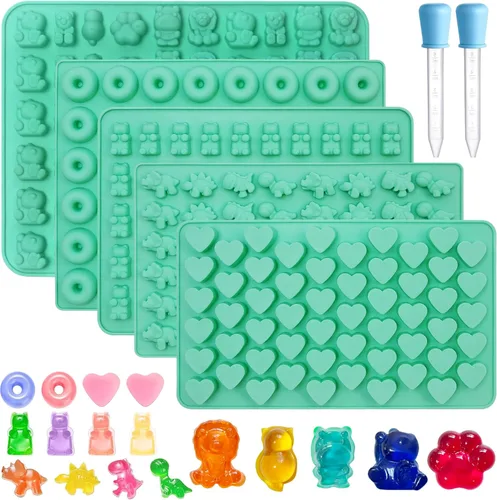 Miniatura 8 de Juego de 5 moldes de goma de silicona, moldes de silicona para dulces con 2 cuentagotas para un relleno cómodo, juego de moldes de gomita incluye