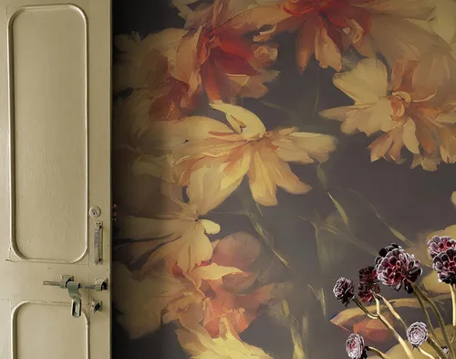 Miniatura 2 de Fondo oscuro vintage con flores amarillas papel tapiz botánico. Papel tapiz despegable y pegable, papel tapiz removible, floral oscuro, papel tapiz