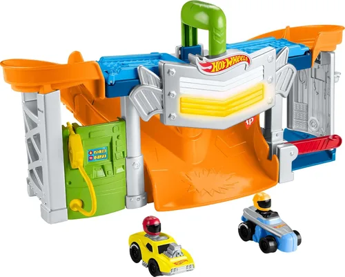 Fisher-Price Little People Hot Wheels Set de Pista de Carreras y Juego de Vehículos para Niños Pequeños con Luces, Sonidos y 2 Autos para Juego