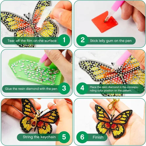 Miniatura 5 de Henoyso Juego de 24 llaveros de pintura de diamantes de mariposa para adultos, kit de manualidades 5D de doble cara, kit de taladro, pintura