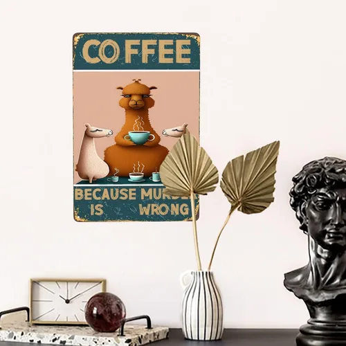 Miniatura 5 de Cartel de metal vintage con texto en inglés «Coffee Because Murder Is Wrong» con texto en inglés «Coffee Because Murder Is Wrong», «Cute Camel and