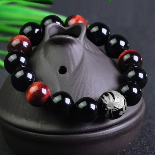 Miniatura 2 de Merdia - Pulsera elástica para hombre, diseño de ojo de tigre con cuentas de dragón y rey (plateado y amarillo)