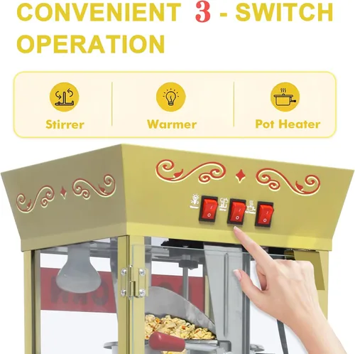 Miniatura 5 de Máquina de palomitas de maíz de 12 onzas con carrito (rojo) - Máquina de palomitas de maíz vintage de gran capacidad - 3 interruptores fáciles