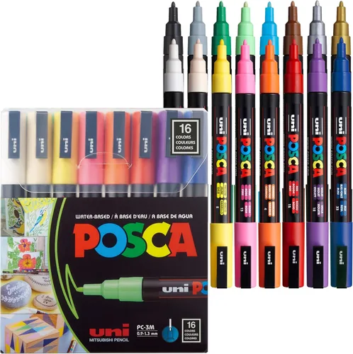 Rotuladores de pintura a base de agua uni POSCA PC-3M, punta fina reversible (0.9-1.3mm), colores surtidos, paquete de 16