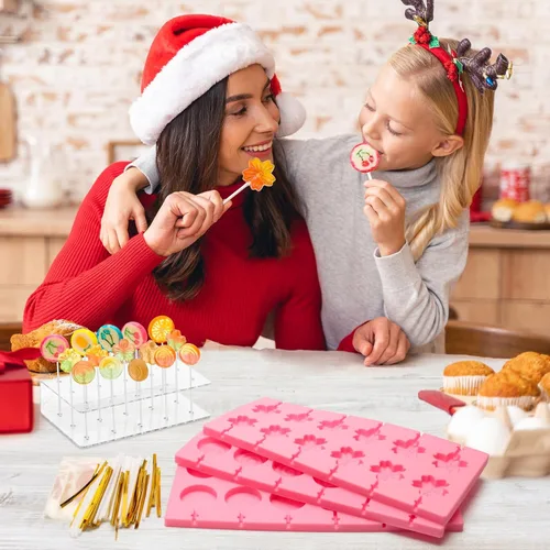 Miniatura 6 de Kit de 304 moldes de silicona para piruletas, moldes de caramelo rosa con 15 agujeros, soporte acrílico, palitos de 100P, bolsas, corbatas