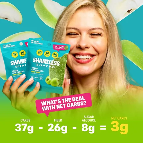Miniatura 7 de Shameless Snacks – Snacks saludables bajos en calorías, gomitas keto bajas en carbohidratos (caramelos sin gluten) – Paquete de 6 Green Apple Blast