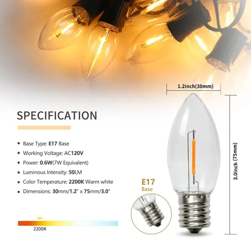 Miniatura 2 de Paquete de 50 bombillas LED C9 de Navidad, bombilla LED C9 de repuesto para cadena de luces de Navidad, base intermedia E17, 2200 K blanco cálido