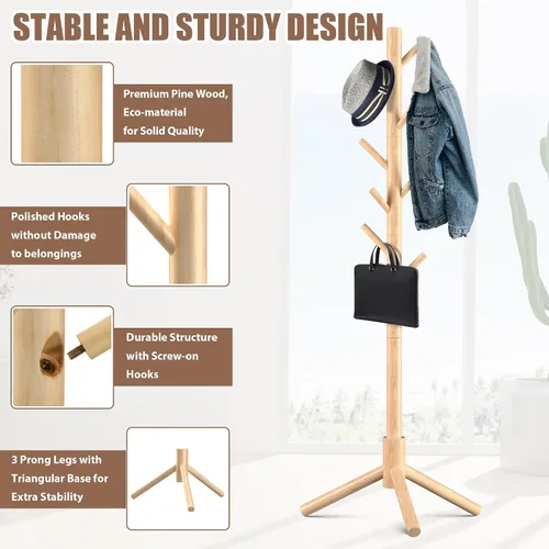 Miniatura 3 de Haddockway Perchero de madera con 8 ganchos, pino de Nueva Zelanda, 3 abrigos ajustables, fácil montaje para abrigos, sombreros, bufandas y bolsos