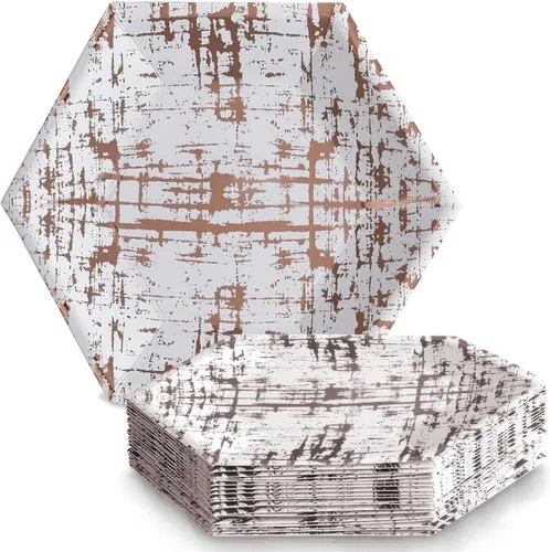 Miniatura 9 de Elegante vajilla desechable - Colección Ártico, platos llanos hexagonales, oro rosa