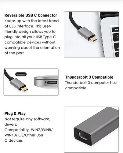 Miniatura 9 de Adaptador USB C a Gigabit Ethernet, adaptador de red LAN RJ45 Plug and Play de 1 Gbps, carcasa de aluminio, compatible con Thunderbolt 3/4