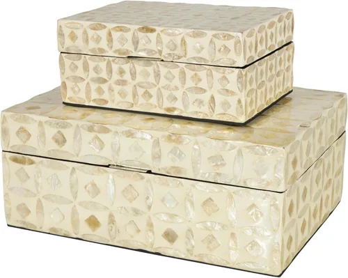 Miniatura 25 de Deco 79 Caja decorativa geométrica hecha a mano con concha de madreperla, mosaico de puntos, caja de almacenamiento para recuerdos, con acentos Crema