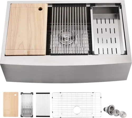 Loftus - Fregadero de cocina de 33 pulgadas con delantal frontal, de acero inoxidable, calibre 16, repisa profunda para estación de trabajo,