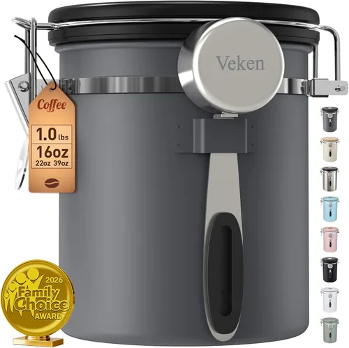 Veken - Recipiente hermético para café de acero inoxidable, contenedor de almacenamiento de alimentos para la cocina con registro de fecha y cuchara