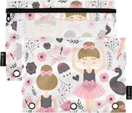 Linda bolsa de lápices de bailarina para carpeta de 3 anillos, 2 bolsas para lápices con cremallera, estuche transparente con cremallera para Ballet