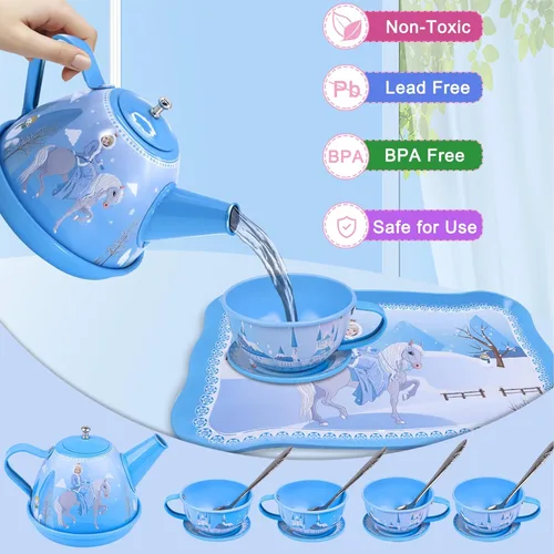 Miniatura 4 de PRE-WORLD Juego de fiesta de té para niñas pequeñas, 46 piezas de juguetes de princesa para la hora del té, incluyendo postre, galletas, dona