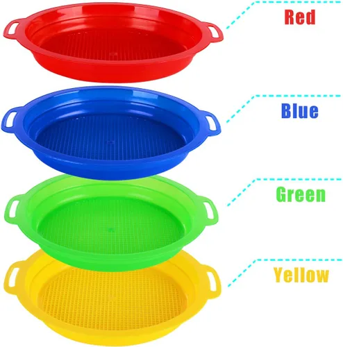 Miniatura 8 de Tamices de arena para juguetes de arena para la playa (rojo, azul, amarillo y verde) juego completo de regalo, paquete de 4 (8.75 x 9.75 pulgadas)