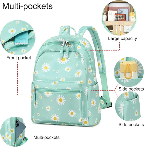 Miniatura 7 de LEDAOU Mini mochila para niñas, bonita mochila pequeña para mujeres, adolescentes, niños, escuela, viajes, bolso de hombro, Margarita blanca verde