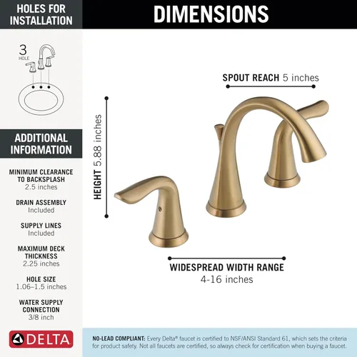 Miniatura 5 de Delta Faucet Lahara - Grifo de baño de 2 llaves con tecnología de sellado de diamante y ensamblaje del drenaje de metal, bronce champán