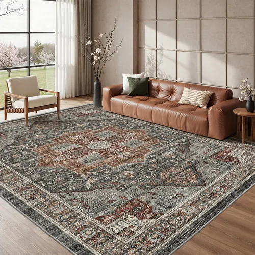 Miniatura 6 de Roxstand Alfombras de 2,44 x 3,05 m para sala de estar, alfombra vintage lavable con respaldo antideslizante, alfombra grande resistente a manchas