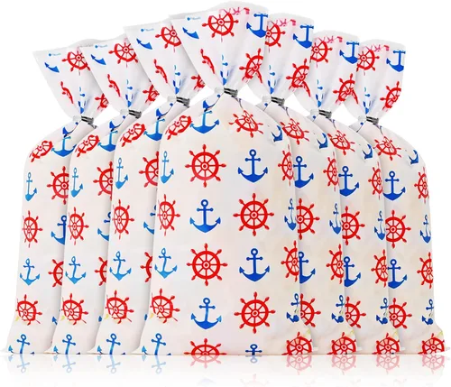Miniatura 4 de Lecpeting 100 bolsas náuticas para golosinas, anclas, estampado de rueda, bolsas de celofán, regalos de fiesta náutica con lazos giratorios