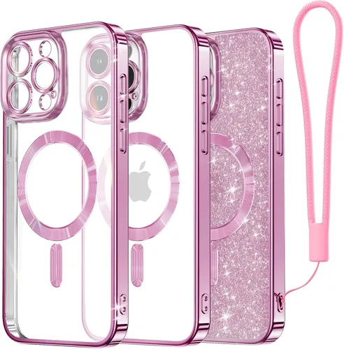 Miniatura 50 de Meifigno Candy Mag Series - Funda diseñada para iPhone 15 Pro, compatible con MagSafe, tarjeta con purpurina y correa de muñeca, protección completa
