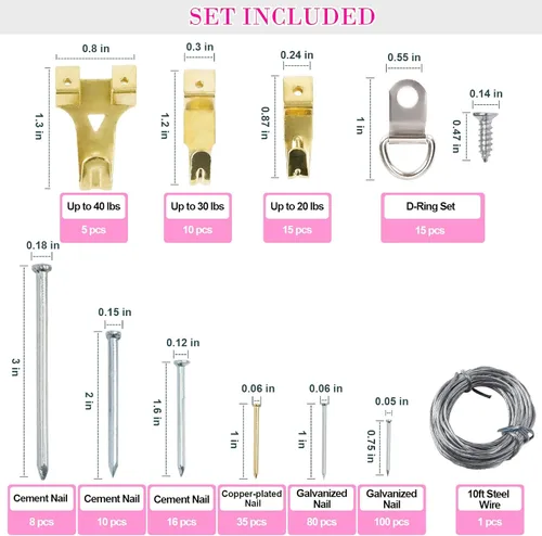 Miniatura 2 de Kit para colgar cuadros TOYIEW, 315 piezas de accesorios para colgar con ganchos, alambre, clavos, anilla en forma de D, kit para colgar en la pared