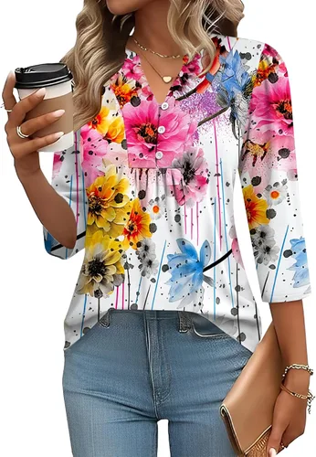 Miniatura 23 de IECCP Blusas de verano de manga 3/4 para mujer, estilo casual, cuello Henley, cuello en V, plisadas, ajuste holgado, blusas de trabajo
