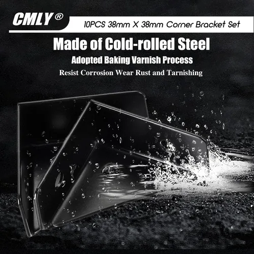 Miniatura 6 de CMLY Soportes de Esquina, 10Pcs 38mm x 38mm, Acero Negro, Soportes de Estante Triangular, Conectores de Esquina para Escritorio de Madera, Metal