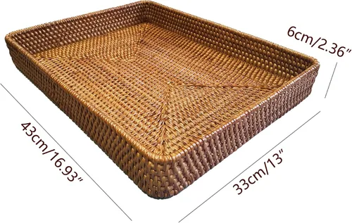 Miniatura 2 de i-lan Mesa de café rectangular de ratán otomano de 17 pulgadas sin asas, bandeja rectangular de mimbre natural con pared de 2.4 pulgadas