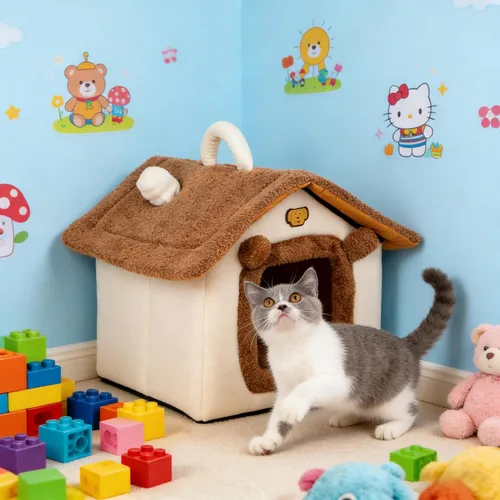 Miniatura 6 de Cama para gatos de interior, cama tipo cueva de gato con diseño de dibujos animados, diseño de mango, escondite suave para interiores, bonita casa