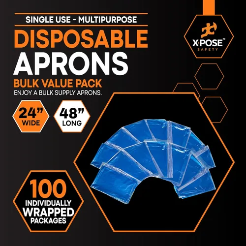 Miniatura 3 de Xpose Safety 100 delantales desechables de plástico azul para cocinar y más empaquetados individualmente, duraderos de 1 mil, polietileno