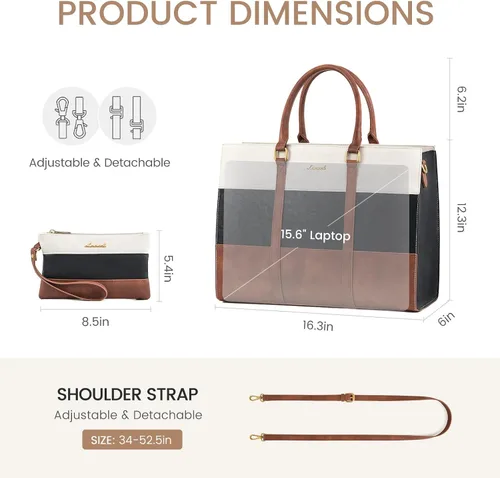 Miniatura 5 de LOVEVOOK Bolsa para laptop para mujer, bolsas de trabajo de 15.6 pulgadas para mujer, bolsa de cuero vintage para laptop, bolsas impermeables