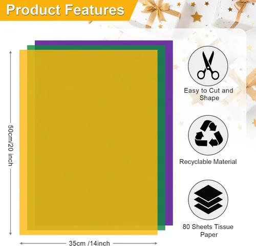 Miniatura 4 de Papel de seda morado, amarillo y verde – Papel de regalo de Mardi Gras, 80 hojas, 14 x 20 pulgadas, a granel, bolsa de regalo, carnaval, mascarada