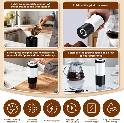 Miniatura 4 de Molinillo de café eléctrico portátil compacto, cuenta con una batería recargable integrada de 1300 mAh, ajustes de molienda ajustables para granos