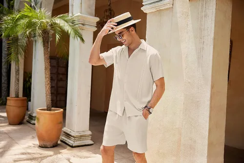 Miniatura 3 de COOFANDY Conjunto de 2 piezas de lino para hombre camisa con botones y pantalones cortos