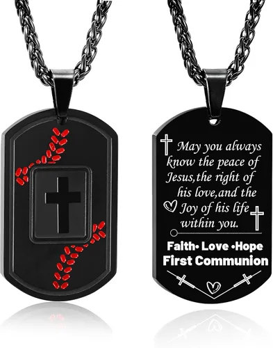 Miniatura 14 de Collar de cruz con versículo bíblico de béisbol, acero inoxidable, dije de cruz en tono negro/dorado/plateado, regalos religiosos, joyería deportiva