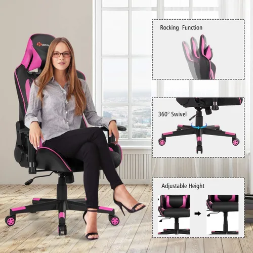Miniatura 6 de Goplus Silla de juegos de masaje, respaldo reclinable, pasamanos y ajuste de altura del asiento, silla de oficina para computadora de carreras